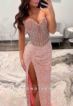 Sparkly Sweetheart Pink Strapless Column High Slit Prom Dresses with Beading