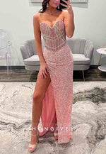 Sparkly Sweetheart Pink Strapless Column High Slit Prom Dresses with Beading