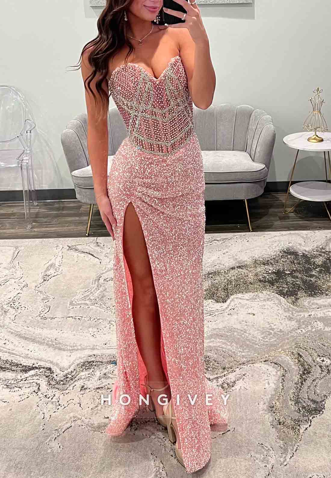 Sparkly Sweetheart Pink Strapless Column High Slit Prom Dresses with Beading