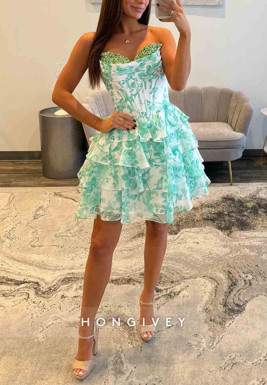 Turquoise Strapless A-Line Floral Print Short Homecoming Dress with Ruffles