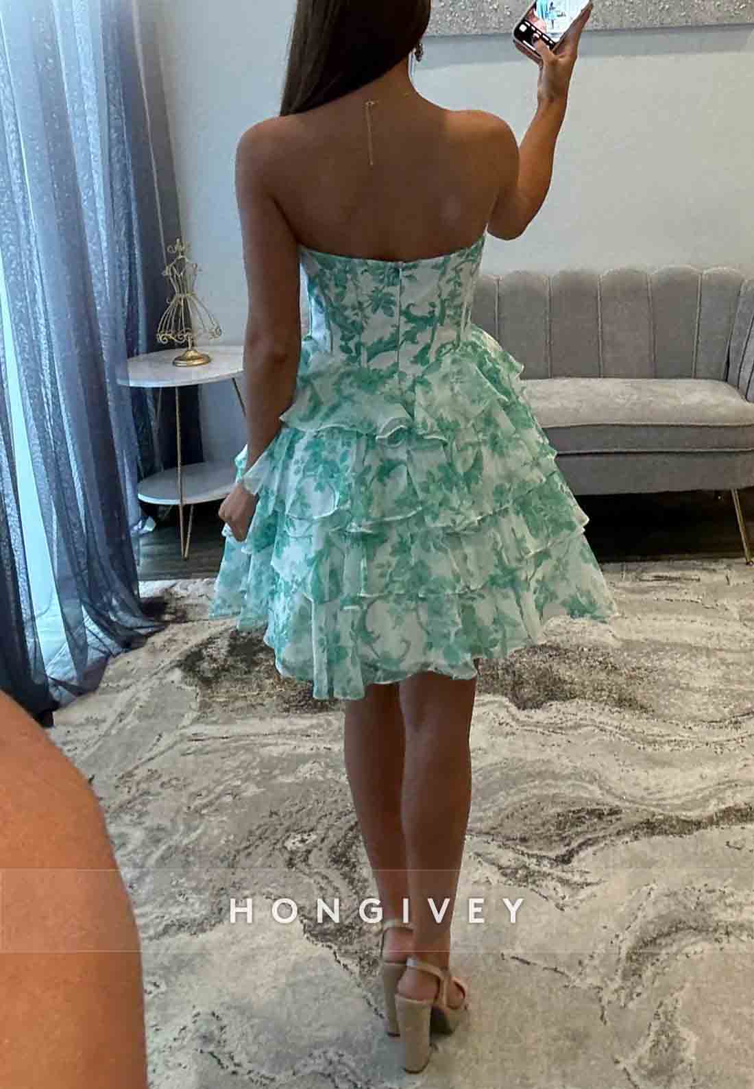 Turquoise Strapless A-Line Floral Print Short Homecoming Dress with Ruffles