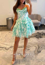 Turquoise Strapless A-Line Floral Print Short Homecoming Dress with Ruffles