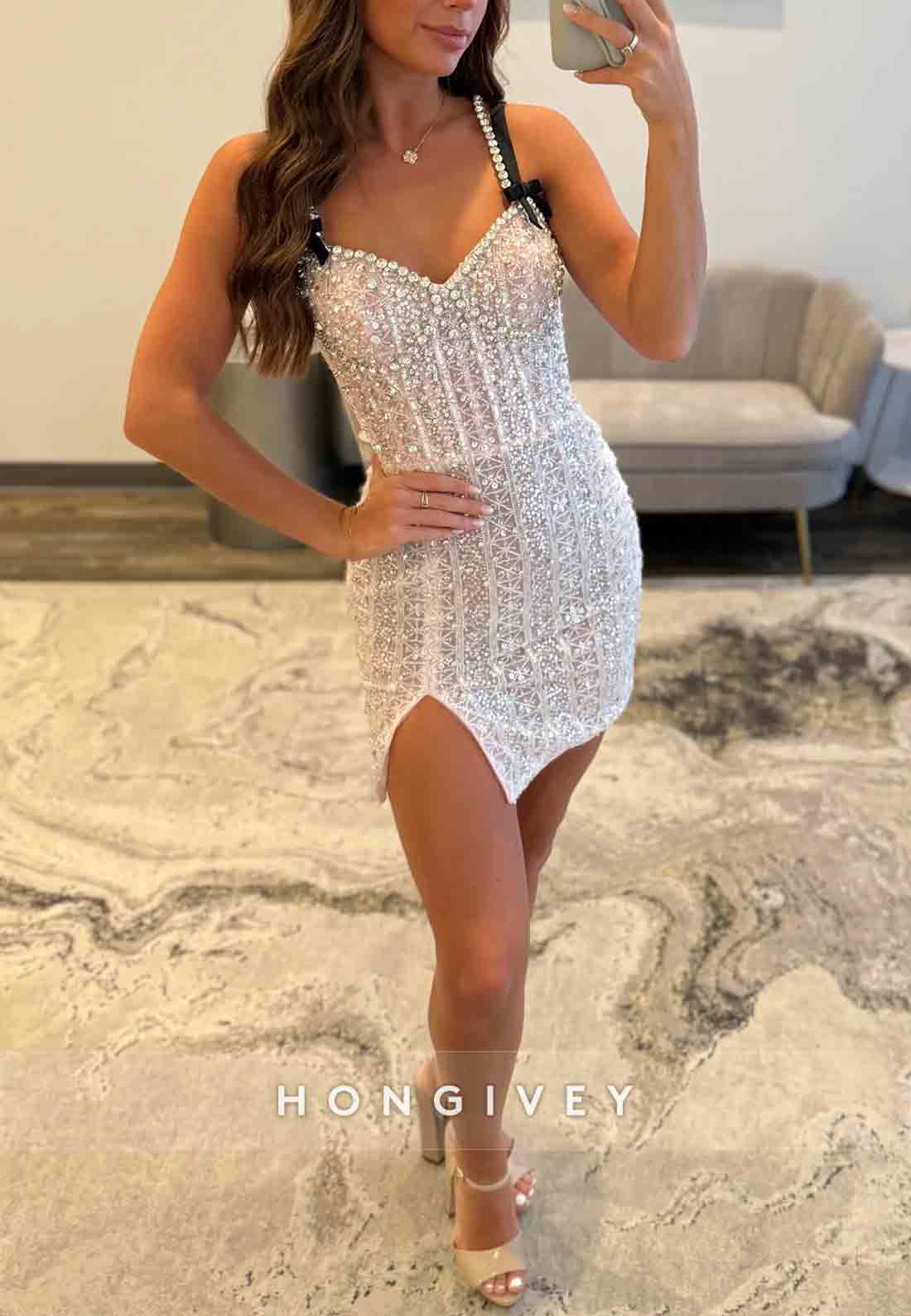 Sparkly Sheath Side Slit Tie Back Short Homecoming Dress with Rhinestone