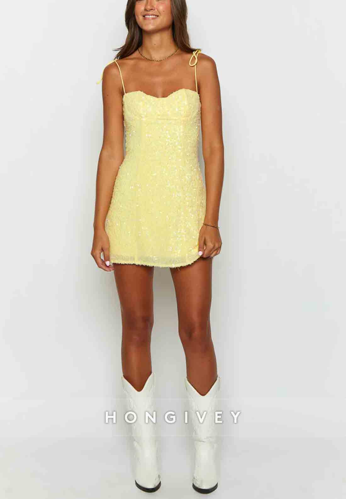 Yellow Sequin Sweetheart Spaghetti Straps Sheath Mini Homecoming Dress