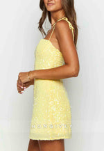 Yellow Sequin Sweetheart Spaghetti Straps Sheath Mini Homecoming Dress