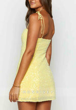 Yellow Sequin Sweetheart Spaghetti Straps Sheath Mini Homecoming Dress