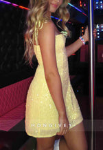 Yellow Sequin Sweetheart Spaghetti Straps Sheath Mini Homecoming Dress