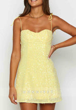 Yellow Sequin Sweetheart Spaghetti Straps Sheath Mini Homecoming Dress