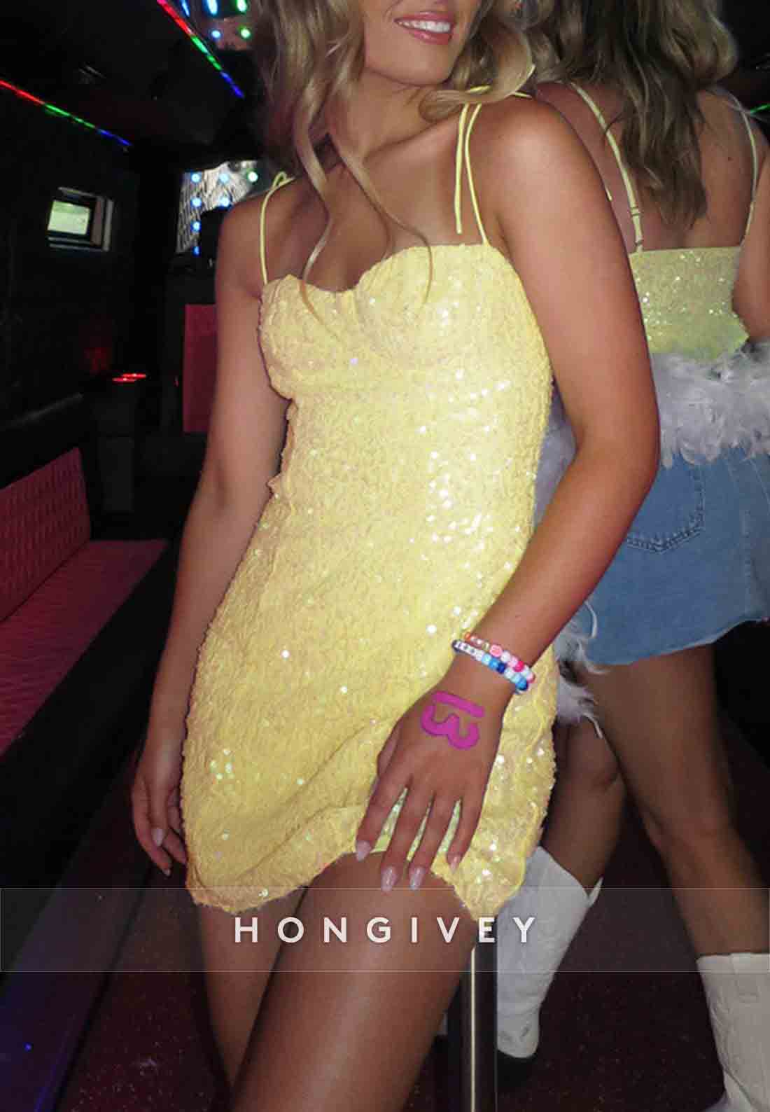 Yellow Sequin Sweetheart Spaghetti Straps Sheath Mini Homecoming Dress