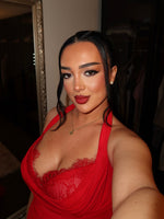 Red Sexy Halter Sleeveless Lace Mermaid Side Slit Prom Dress