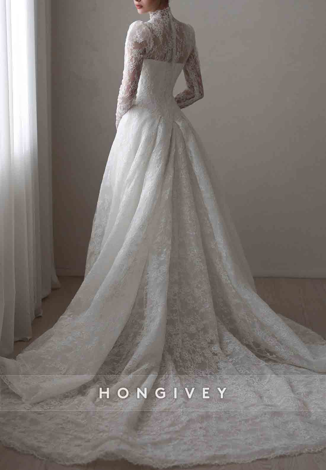 Lace Covered Button Long Sleeves Court Train A-Line V-Neck Wedding Dresses