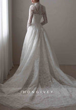 Lace Covered Button Long Sleeves Court Train A-Line V-Neck Wedding Dresses