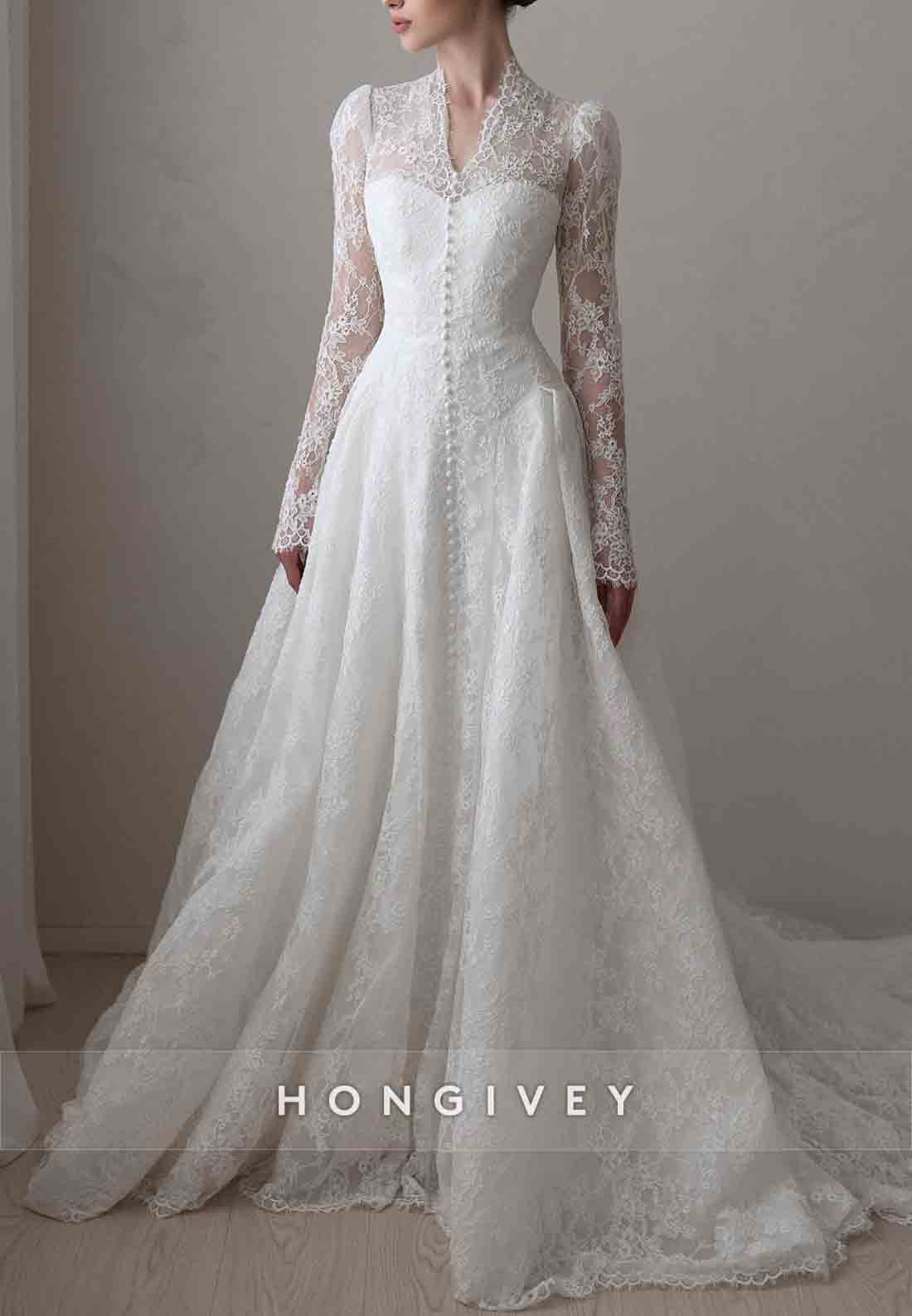 Lace Covered Button Long Sleeves Court Train A-Line V-Neck Wedding Dresses