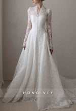Lace Covered Button Long Sleeves Court Train A-Line V-Neck Wedding Dresses