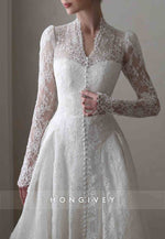 Lace Covered Button Long Sleeves Court Train A-Line V-Neck Wedding Dresses