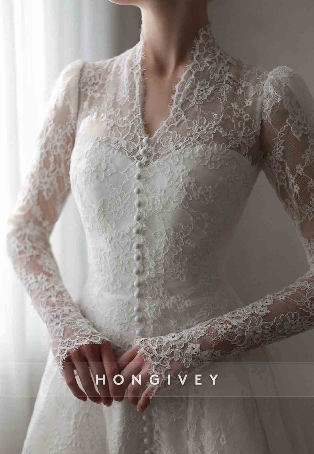 Lace Covered Button Long Sleeves Court Train A-Line V-Neck Wedding Dresses