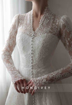 Lace Covered Button Long Sleeves Court Train A-Line V-Neck Wedding Dresses