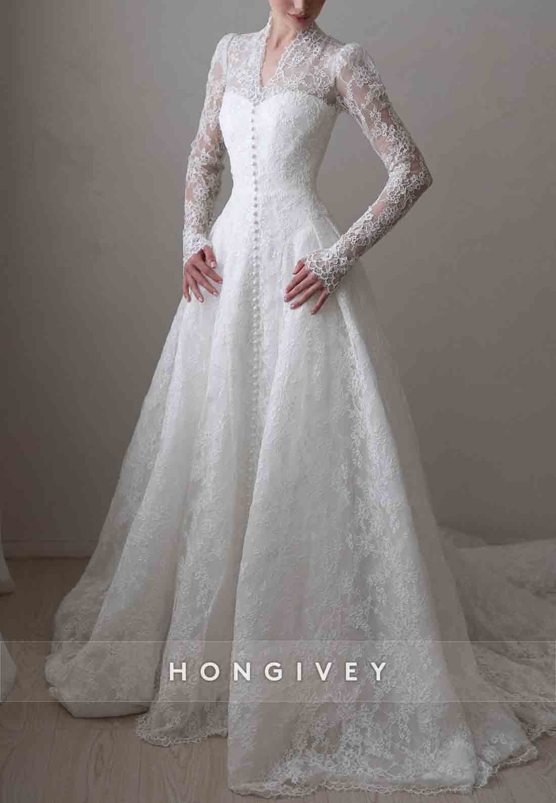 Lace Covered Button Long Sleeves Court Train A-Line V-Neck Wedding Dresses