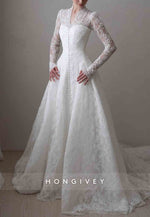 Lace Covered Button Long Sleeves Court Train A-Line V-Neck Wedding Dresses