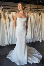 Spaghetti Straps Square Neck Sleeveless Sparkle Flowers Mermaid Wedding Dress