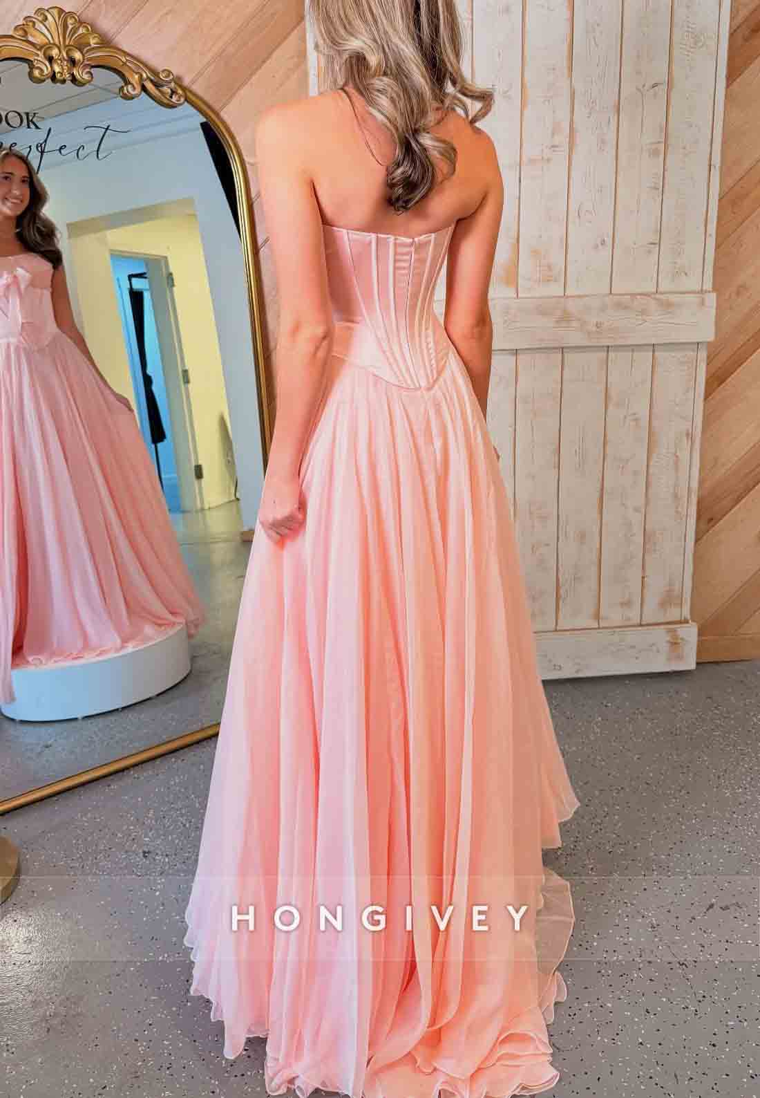 Pink Sweetheart Tulle A-Line Strapless Prom Dresses with Bowknot