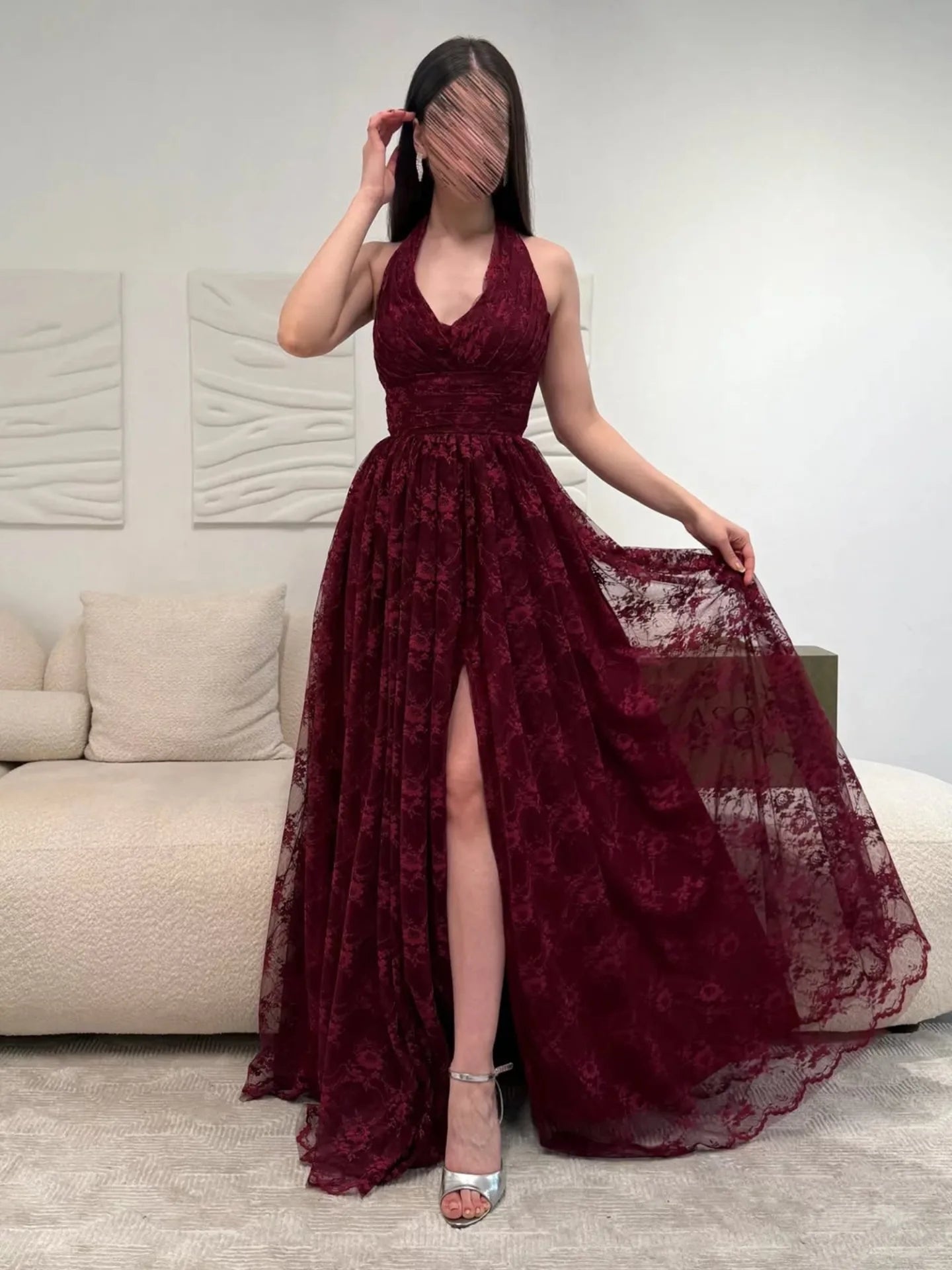 Red Halter Sleeveless Lace A-Line Side Evening Dress Floor-Length