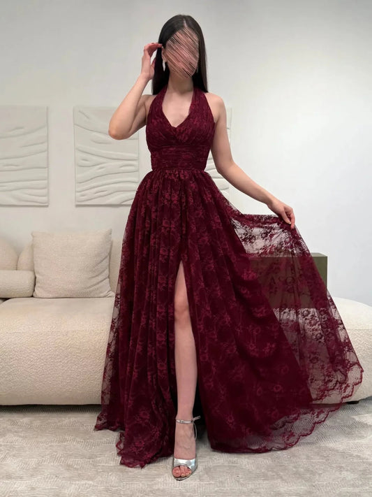 Red Halter Sleeveless Lace A-Line Side Evening Dress Floor-Length