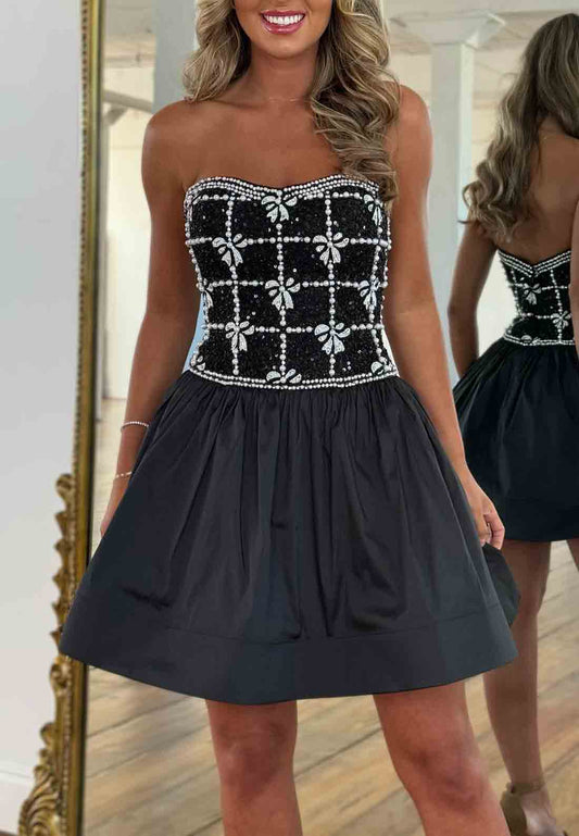 Black Strapless A-Line Short Homecoming Dress with Beaded Corset