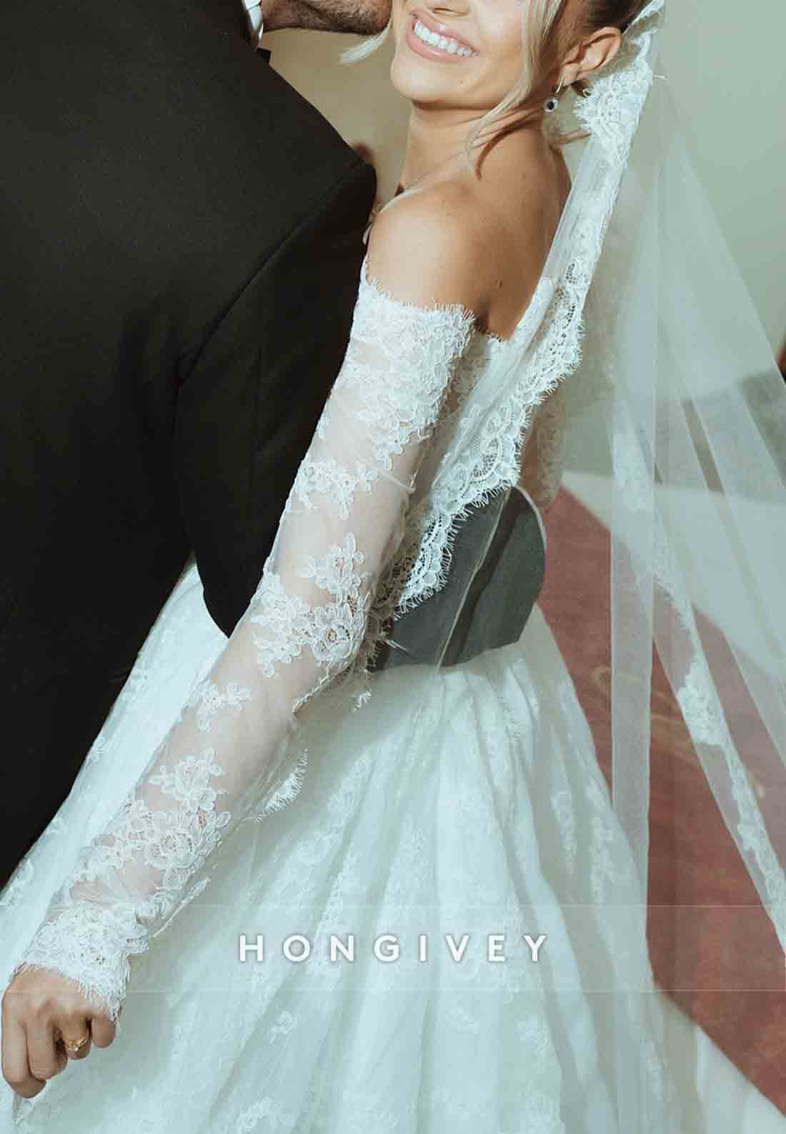 Tulle Long Sleeves Off the Shoulder Lace Princess Wedding Dresses