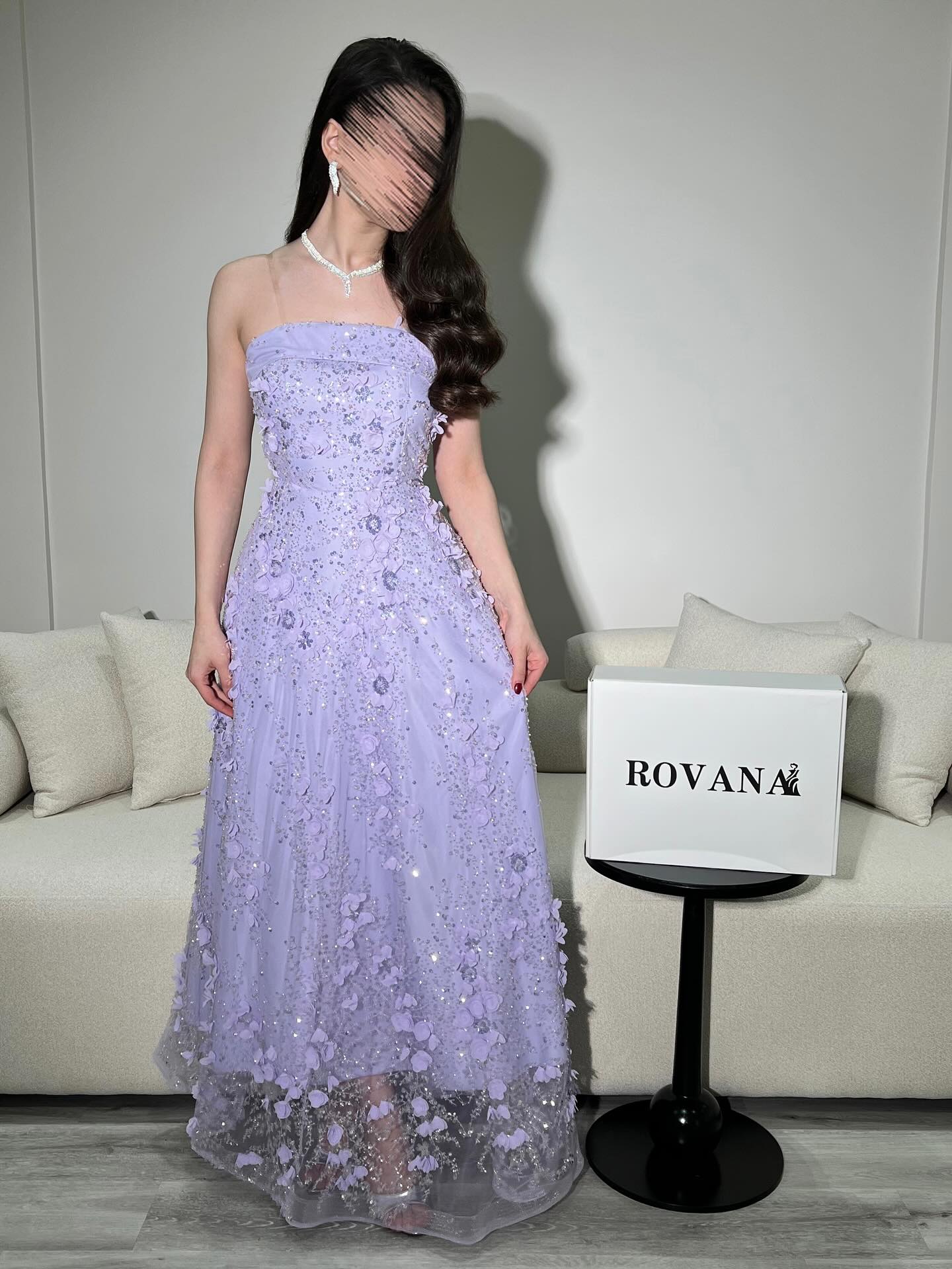 Lace Applique Purple Strapless Sleeveless A-Line Ankle-Length Flowers Evening Dress