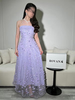 Lace Applique Purple Strapless Sleeveless A-Line Ankle-Length Flowers Evening Dress