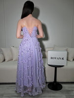 Lace Applique Purple Strapless Sleeveless A-Line Ankle-Length Flowers Evening Dress