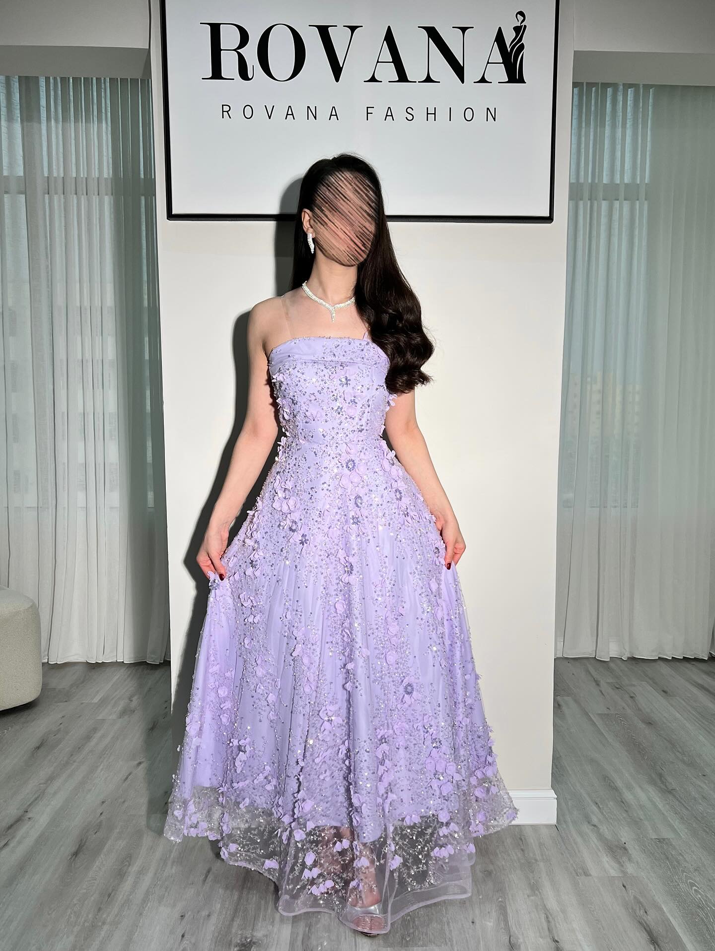 Lace Applique Purple Strapless Sleeveless A-Line Ankle-Length Flowers Evening Dress