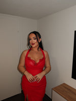 Red Sexy Halter Sleeveless Lace Mermaid Side Slit Prom Dress