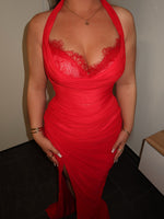 Red Sexy Halter Sleeveless Lace Mermaid Side Slit Prom Dress