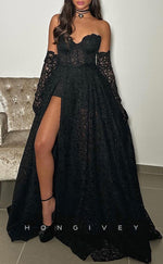 L2952 - A-Line V-Neck Sheer With Side Slit Sheer Party Prom Evening Dress