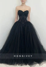 Balck Strapless Sweetheart Princess Empire Wedding Dresses with Beading Corset