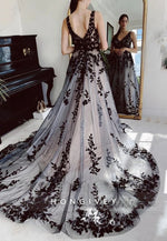 Gothic Wedding Dresses V Neck Black Lace Applique Court Train Bridal Gown