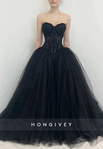 Balck Strapless Sweetheart Princess Empire Wedding Dresses with Beading Corset