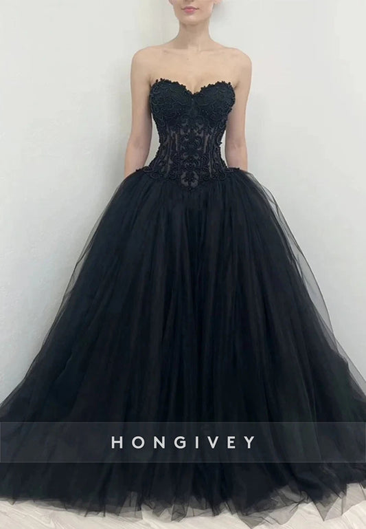 Balck Strapless Sweetheart Princess Empire Wedding Dresses with Beading Corset