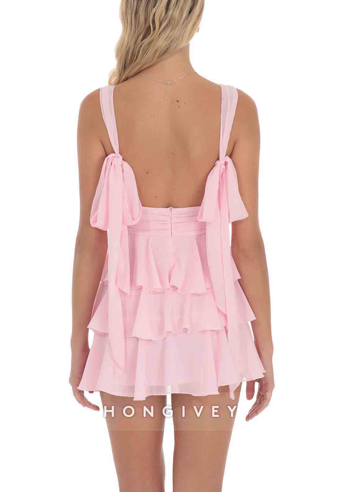 Low V-Neck A-Line Regular Straps Sleeveless Ruched Mini Homecoming Dresses