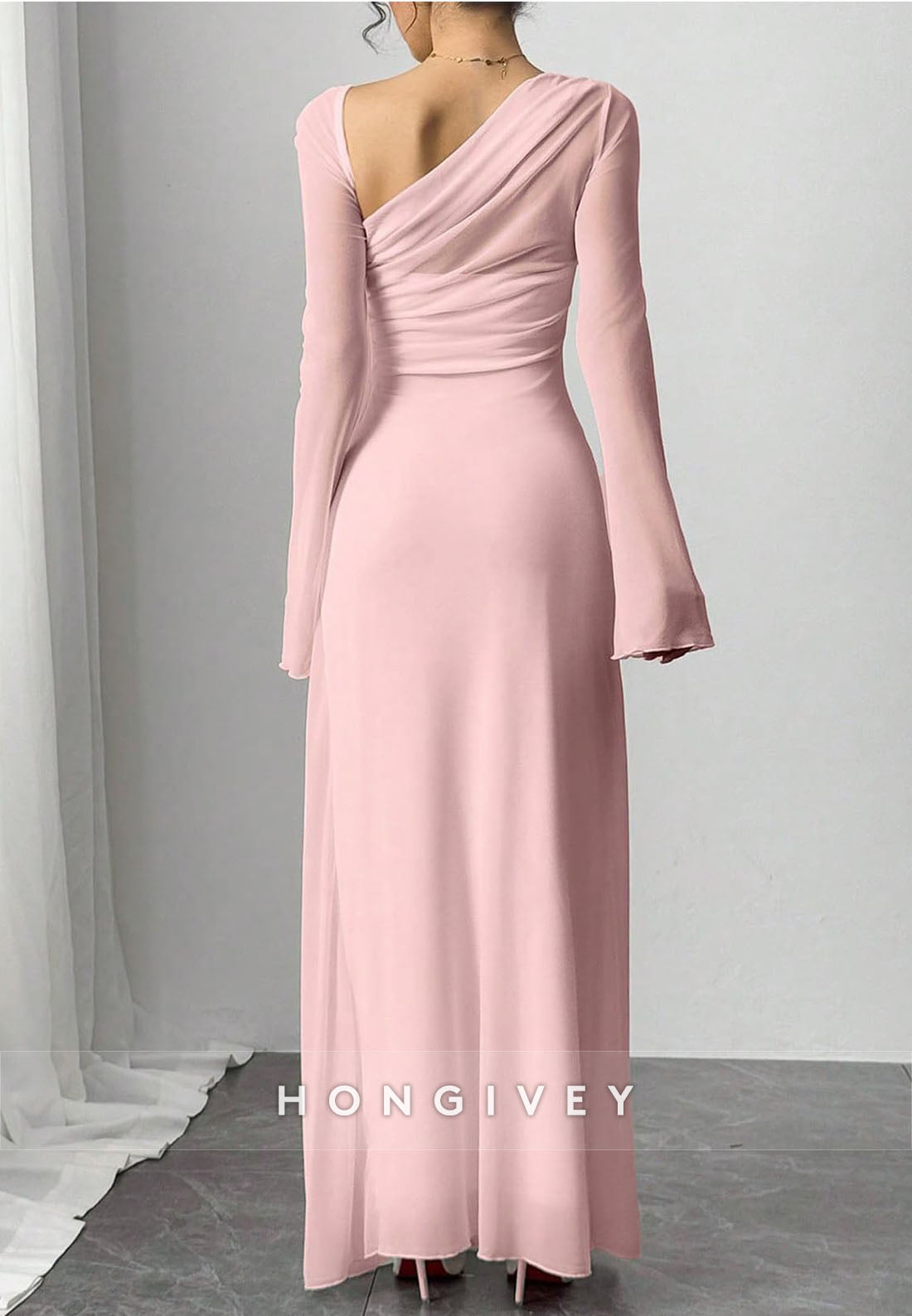 Elegant Light Pink Bell Sleeves Ankle-Length Column Evening Gowns
