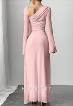 Elegant Light Pink Bell Sleeves Ankle-Length Column Evening Gowns