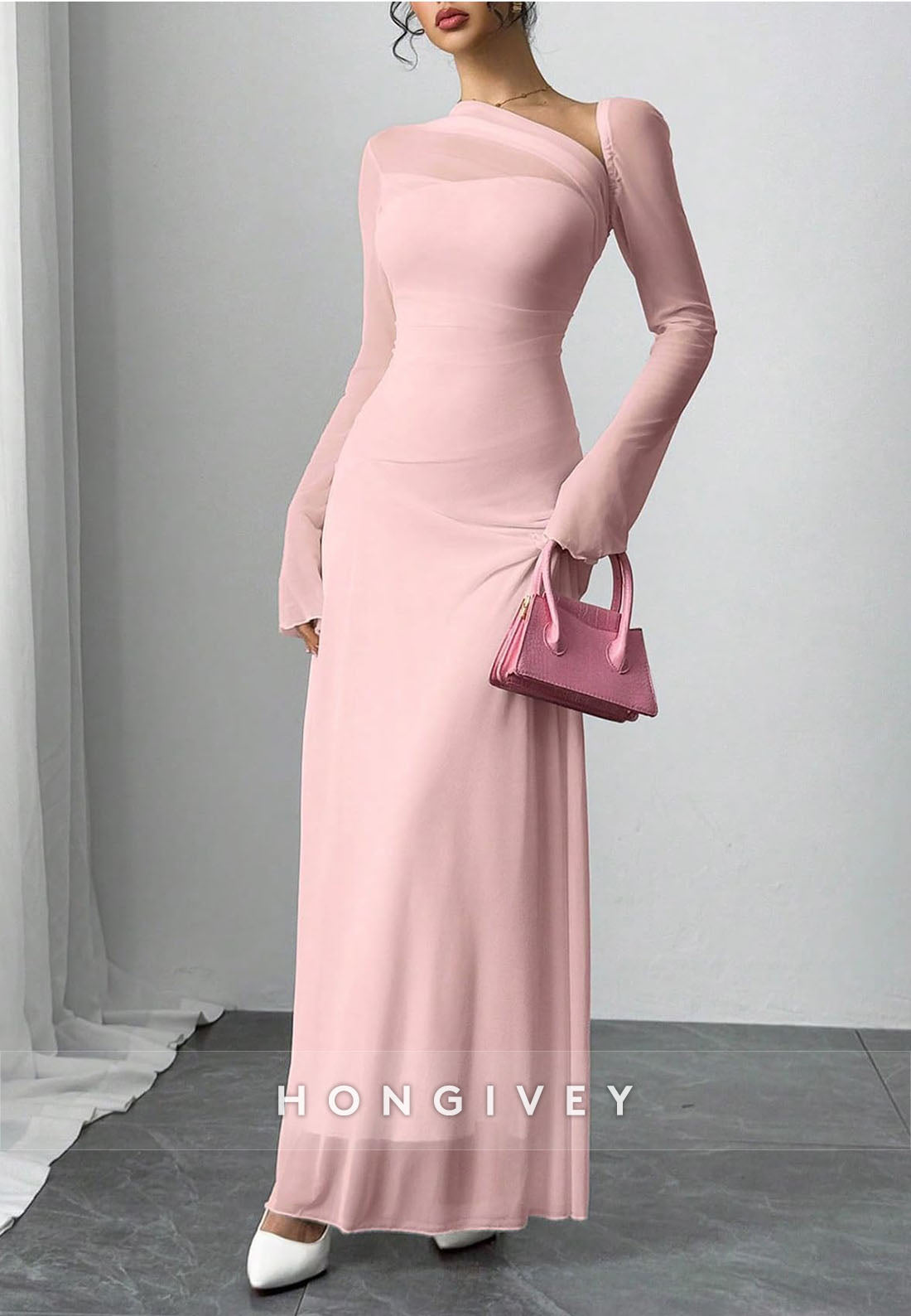 Elegant Light Pink Bell Sleeves Ankle-Length Column Evening Gowns