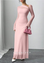 Elegant Light Pink Bell Sleeves Ankle-Length Column Evening Gowns