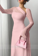 Elegant Light Pink Bell Sleeves Ankle-Length Column Evening Gowns