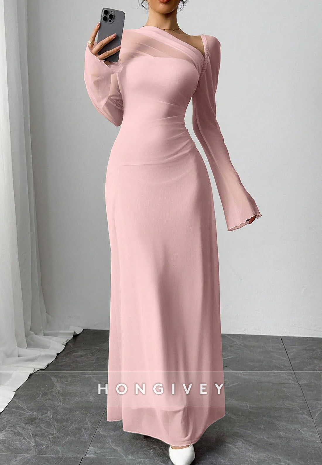Elegant Light Pink Bell Sleeves Ankle-Length Column Evening Gowns