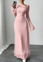 Elegant Light Pink Bell Sleeves Ankle-Length Column Evening Gowns