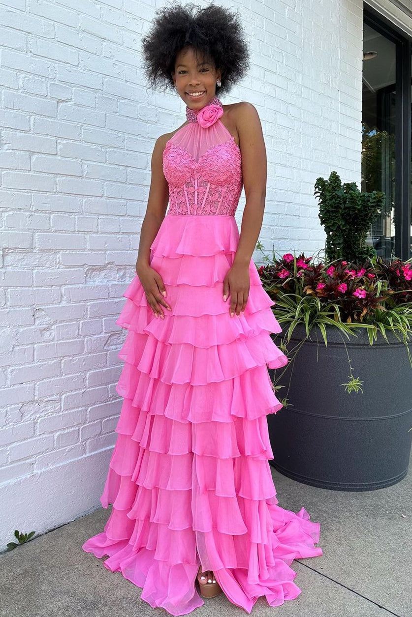 Pink A-Line Halter Neck Lace Top Long Tiered Chiffon Prom Dress