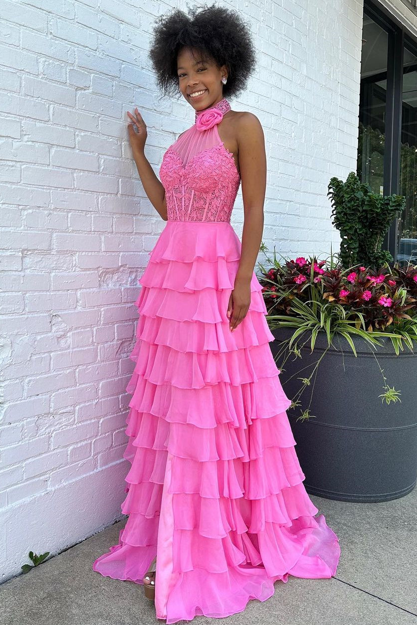 Pink A-Line Halter Neck Lace Top Long Tiered Chiffon Prom Dress